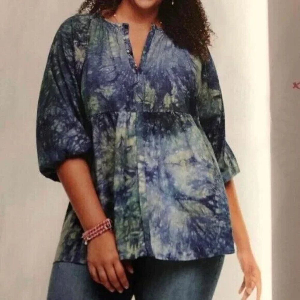 Cabi Linen Blend Woodstock Button Down Blue & Green Tye-Dye Blouse